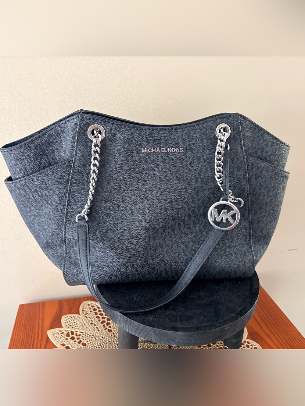 Michael Kors Black MK Logo Chain-Handle Tote